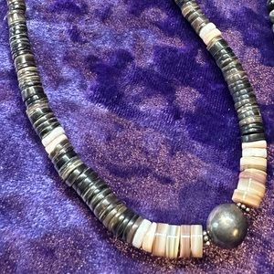 Vintage Native American Sterling Silver Heishi Oyster Shell Bead Ball Necklace